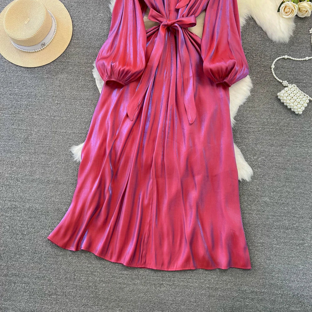 Autumn Elegant Women Fashion Party Long Dress Bow Lace Up Long Sleeve Evening Dresses A-Line Casual Vestidos One Piece Prom Robe