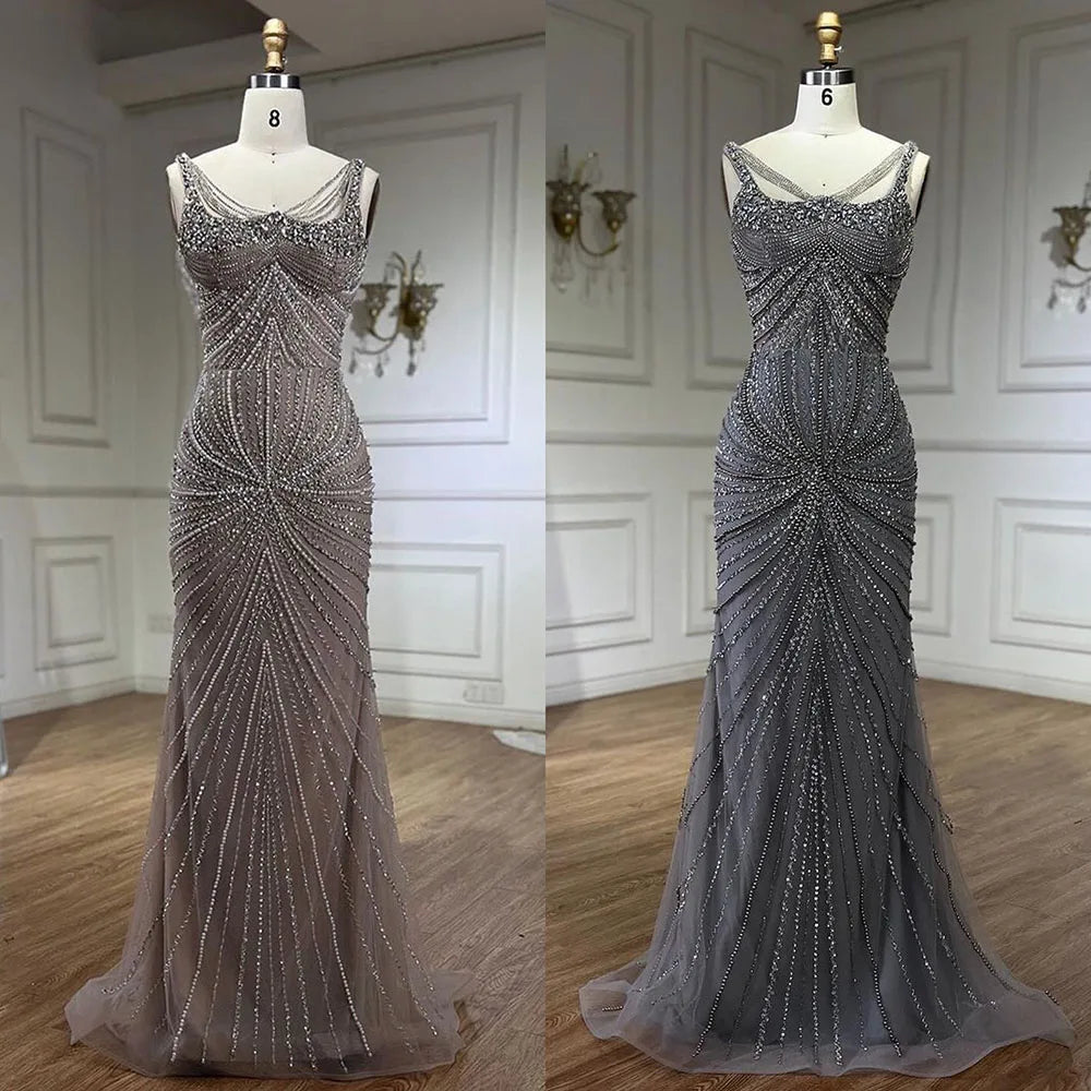 SERENE HILL 2024 Arabic Nude Spaghetti Strap Mermaid Luxury Beaded Evening Dresses Gowns For Women Wedding Party GLA72356
