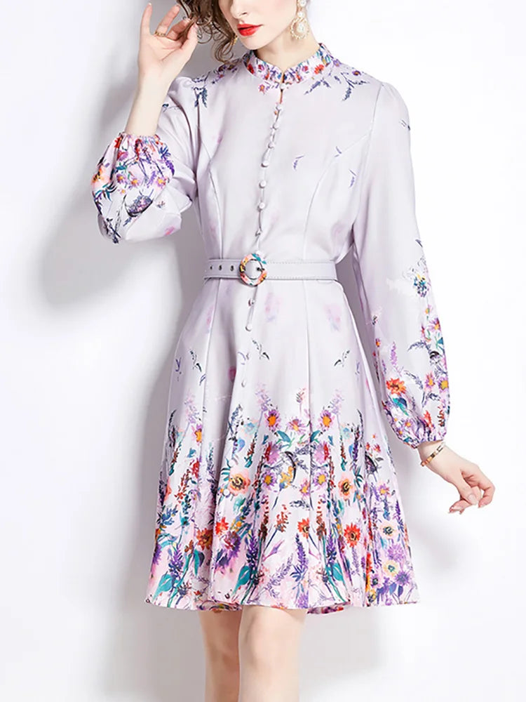 Spring Dresses 2024 Women Clothing Long Sleeve Party Elegant Dress With Belt Stand Collar Vintage Floral Print Holiday Dress