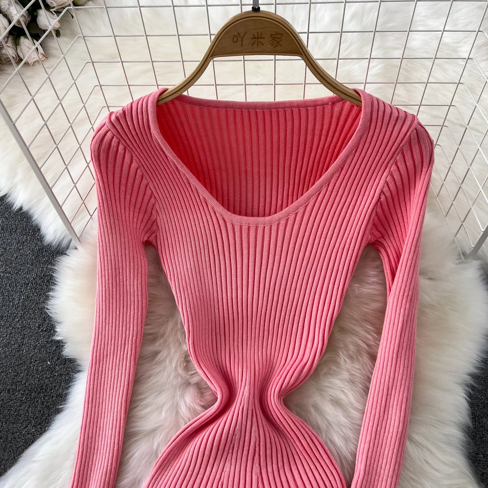 Women Chic Elegant Long Sleeve Bodycon Vneck Dress Sexy French Fashion Knit Wrap Vestidos Elastic Slim Pencil Sweater Dress