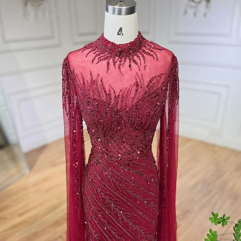Serene Hill 2024 Nude Cape Sleeves Mermaid Lace Beaded Luxury Dubai Long Evening Dresses Gowns For Formal Occasion LA71885A