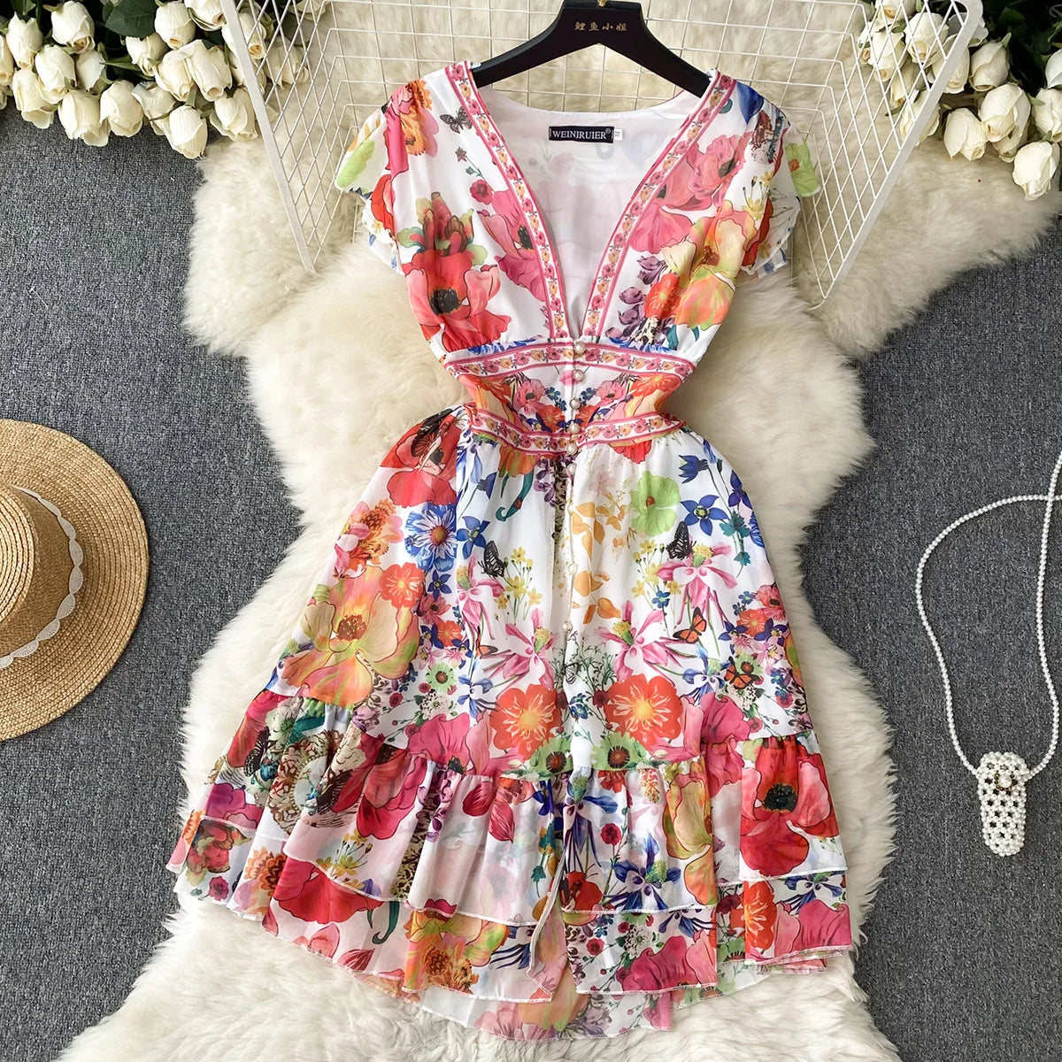 Short Dresses Women Cap Sleeve Vintage Print Chiffon Dress Faux Pearl Buttoned V Neck Ruffle Hem Wedding Elegant Party Dress