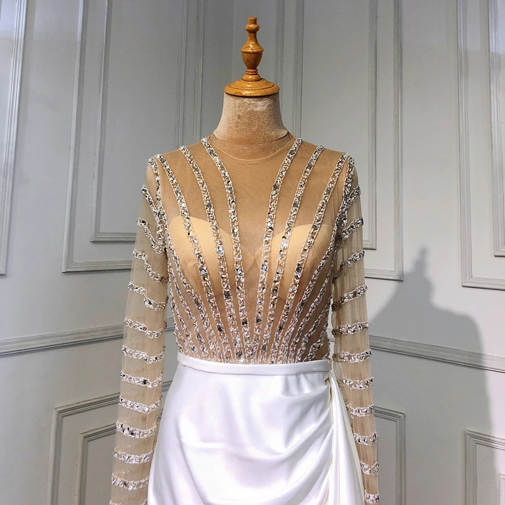 Serene Hill 2024 White Long Sleeves Mermaid Split Evening Dress Beaded Luxury Elegant for Women Party LA71531