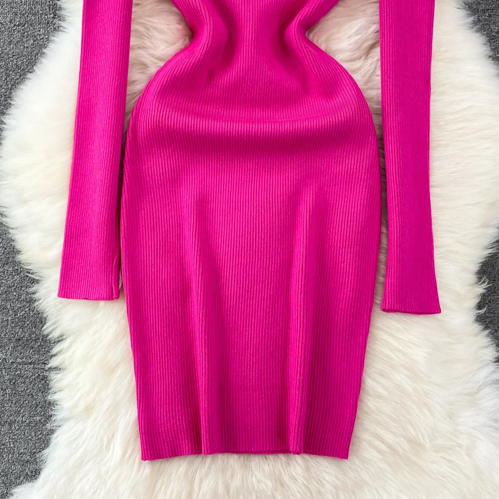 Chic Elegant Glitter V Neck Long Sleeve Elastic Bodycon Dress Sexy Fashion Knit Pencil Vestidos Slim Autumn Winter party robe