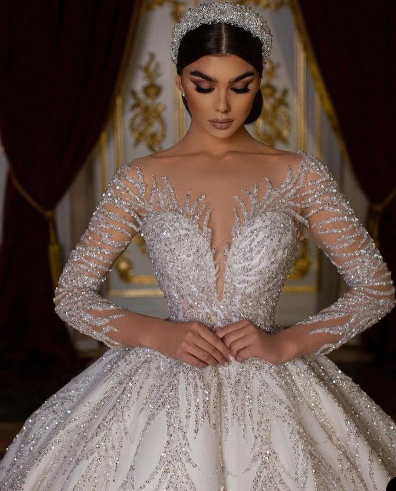 2023 Glitter Backless Wedding Dresses Ball Gown Arabian Luxury Sheer Neck Full Sleeves Sequins Bridal Gowns Vestidos De Novia