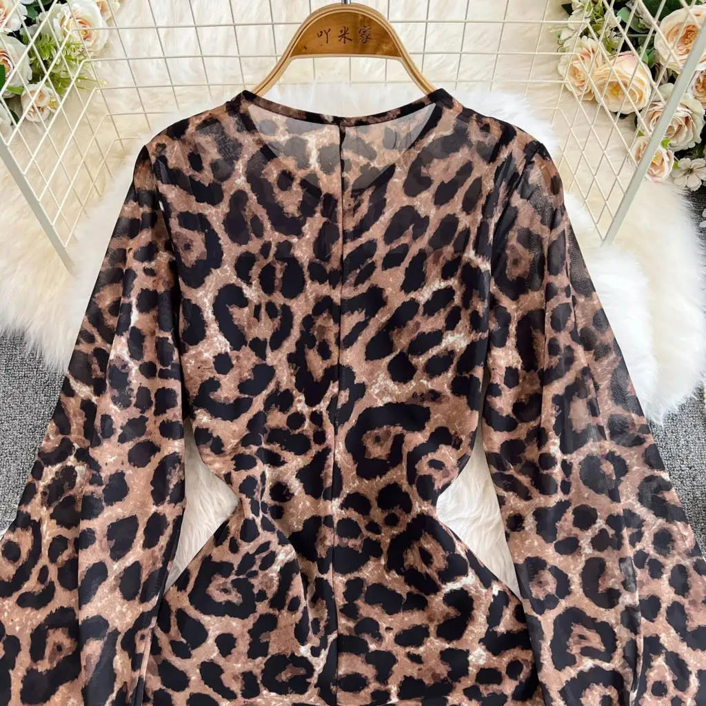 Autumn Elegant Women Leopard Print Long Sleeve Dress Casual Loose A-Line Slit Evening Dresses New Fashion Vintage Vestido Mujers