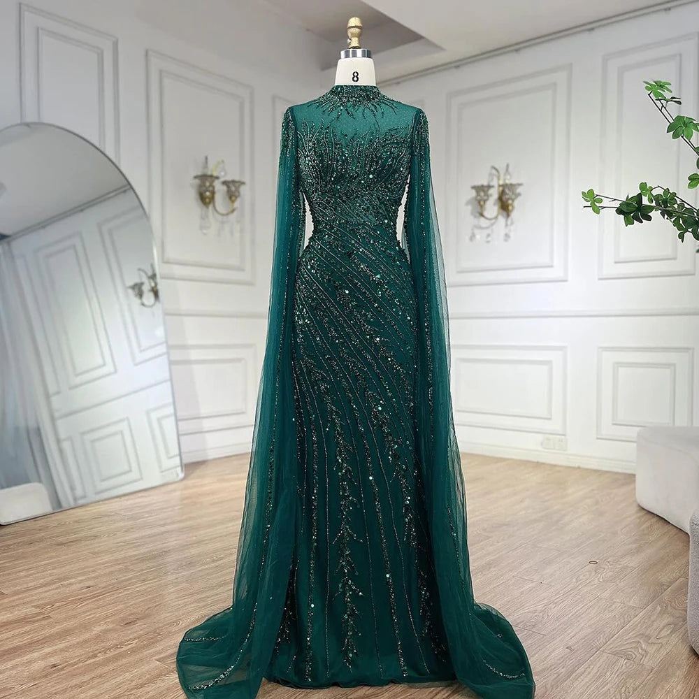 Serene Hill 2024 Nude Cape Sleeves Mermaid Lace Beaded Luxury Dubai Long Evening Dresses Gowns For Formal Occasion LA71885A