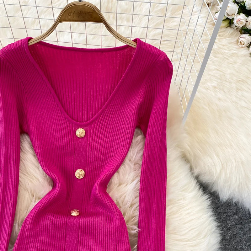 Chic V Neck Long Sleeve Elegant Mermaid Dress Sexy slim Evening Party French Fashion Knit Vestidos High Waist Autumn Slim Robe