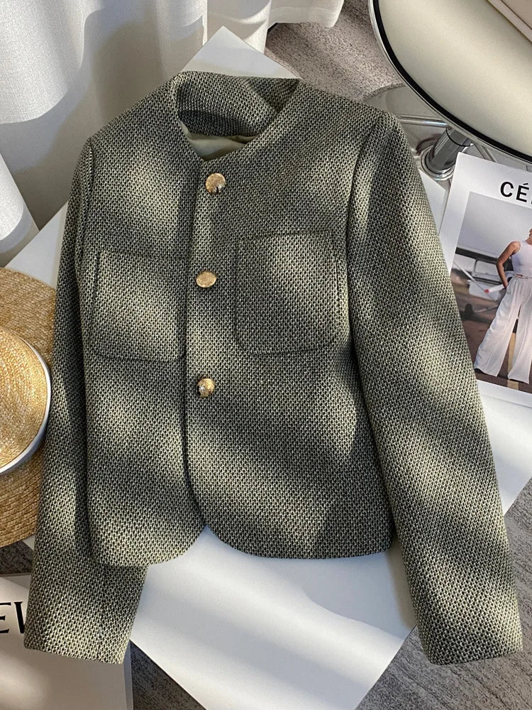 Women's Round Neck Blazer Jacket for Spring and Autumn Trendy Single Breasted Cropped Coat Small Fragrance Green Suit Outerwear