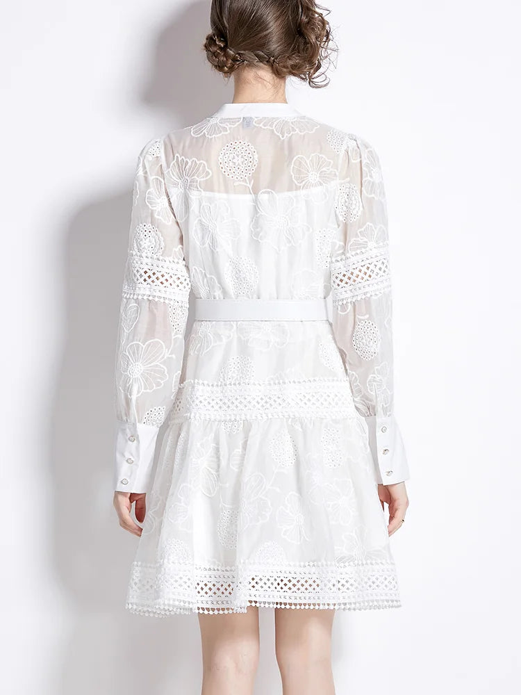 Spring Dresses 2024 Crochet Trim Cutwork Embroidery Mini Holiday Dress Women Stand Collar Long Sleeve Elegant Party Dresses