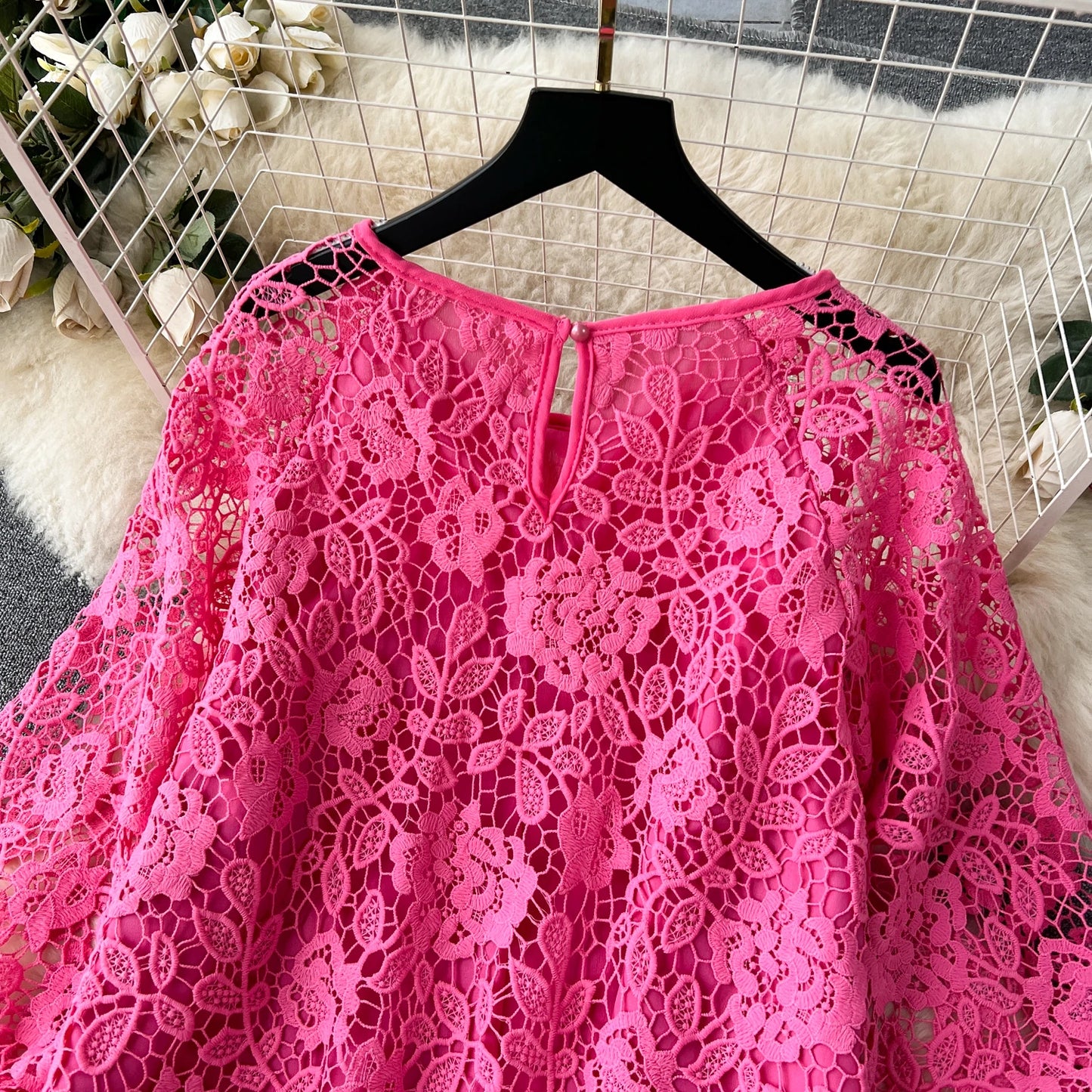 Chic Long Sleeve O Neck Lace Hook Flower Hollow Loose Dress Chiffon A-line Casual Dresses Fashion Women Elegant Vestidos