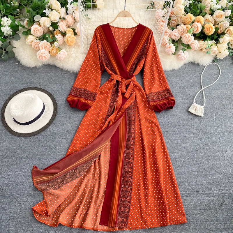 Vintage Print Elegant Puff Sleeve One Piece Dress A-line Lace-up Beach Vacation Midi Dress Women Fashion Spring Autumn Vestidos