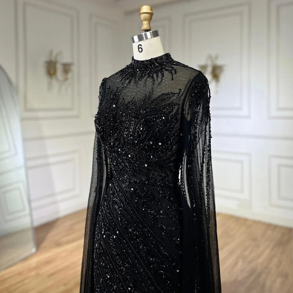 Serene Hill 2024 Nude Cape Sleeves Mermaid Lace Beaded Luxury Dubai Long Evening Dresses Gowns For Formal Occasion LA71885A