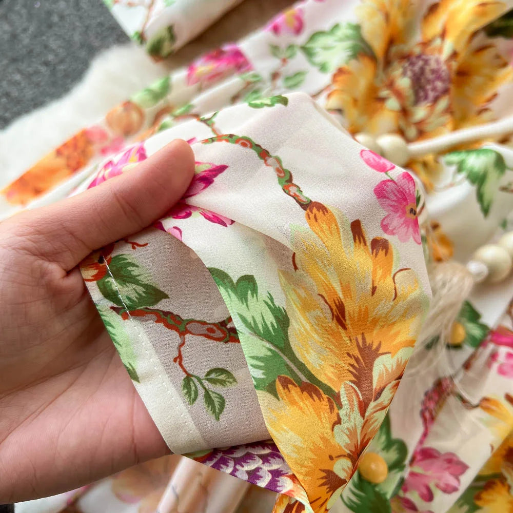 Spring Vacation Dresses For Women Long Sleeve Vintage Floral Print Dress Stand Collar Ruffle Hem Chiffon Mini Dress Tie Belt