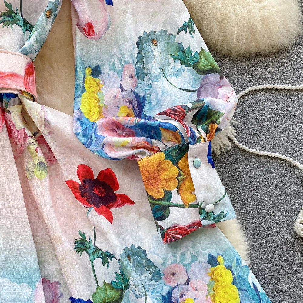 Mini Dresses For Women Frill Trim Long Sleeve Spring Vacation Dress Stand Collar Elegant Vintage Floral Print Dress With Belt