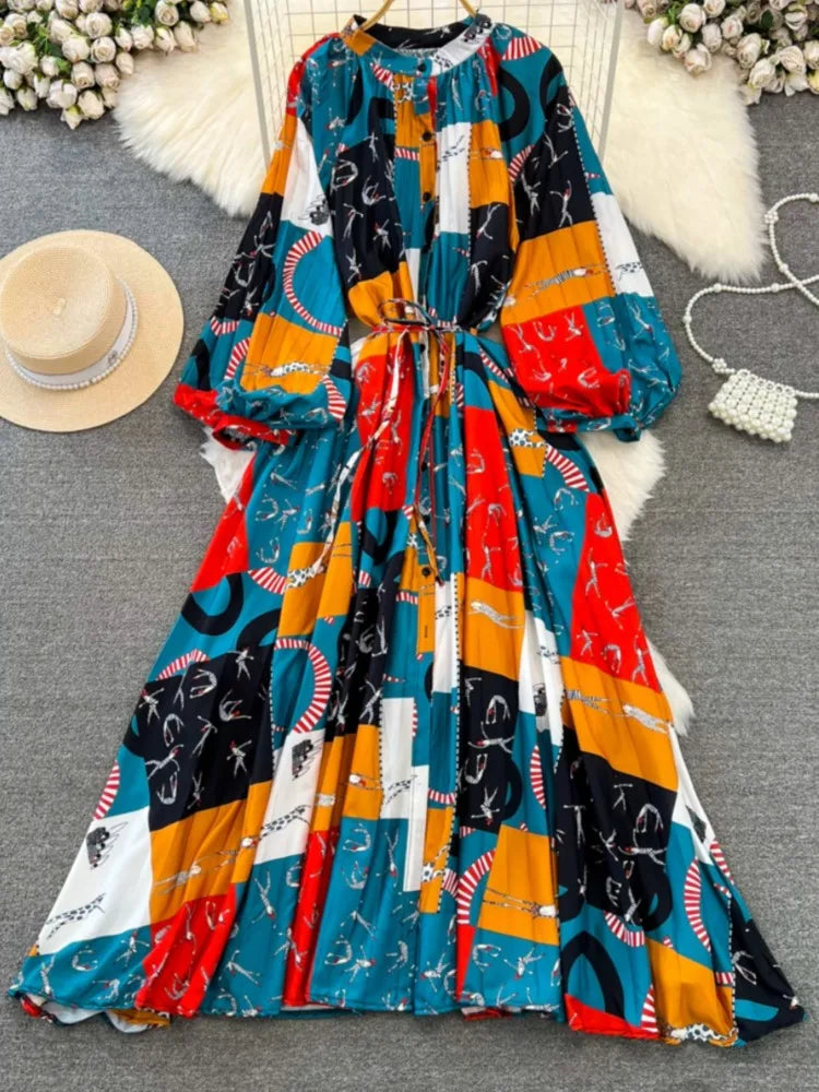 Elegant Women Casual Floral Print Party Dress Vintage Lantern Sleeve A-Line Pleated Prom Birthday Clothes Female Fashion Robe