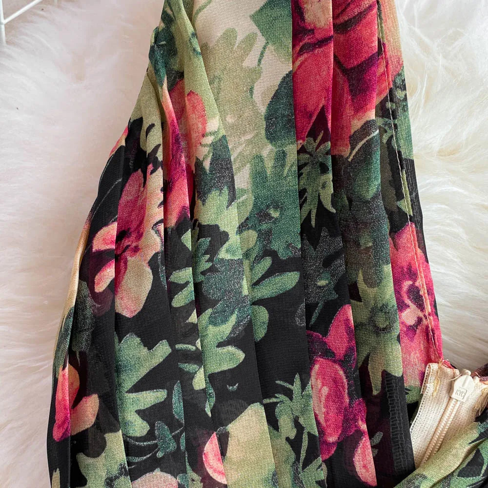 Elegant Evening Party Dress Women Sexy V-neck Floral Printed A-line Long Dresses Ladies Sleeveless Slim A-line Chiffon Long Robe