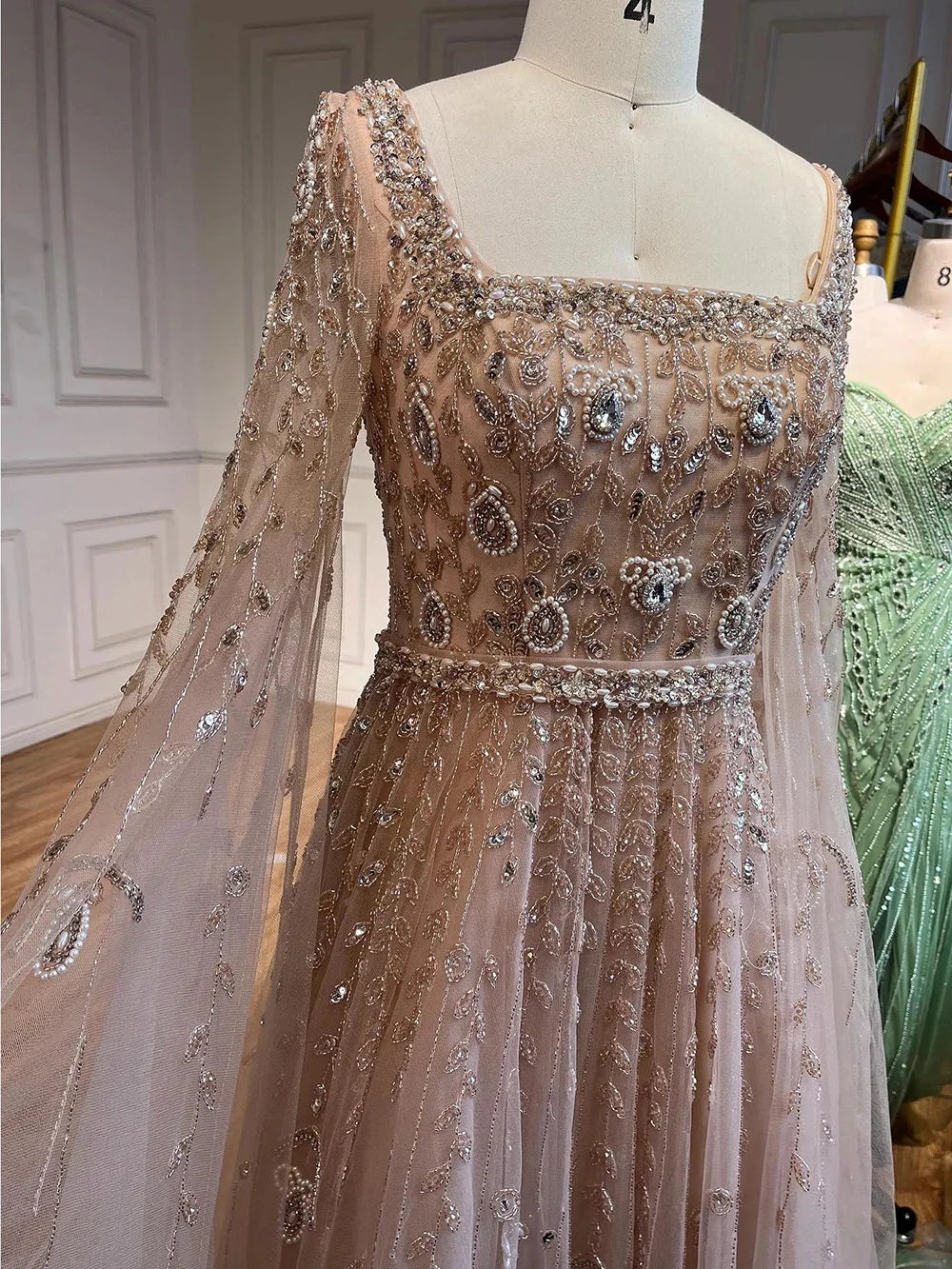 Serene Hill 2024 Muslim Pink A Line Beaded Elegant Cape Sleeve Luxury Evening Dresses Gowns For Women Wedding Party LA71803A