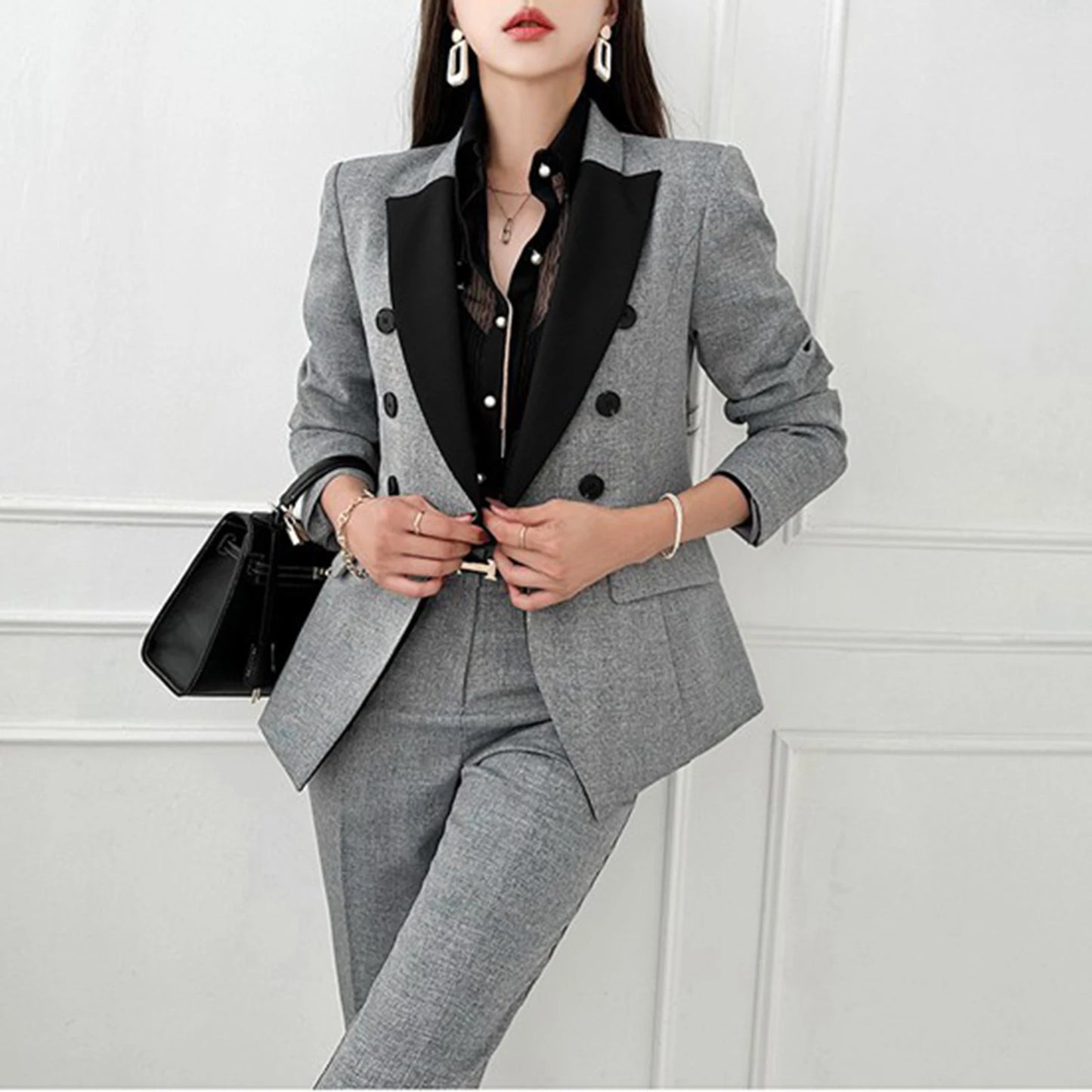Trendy Slim Fit Commuting Two Pieces Set Office Women's Formal Outfit Double Breasted Work Blazer+Suit Pants Spring Autumn New