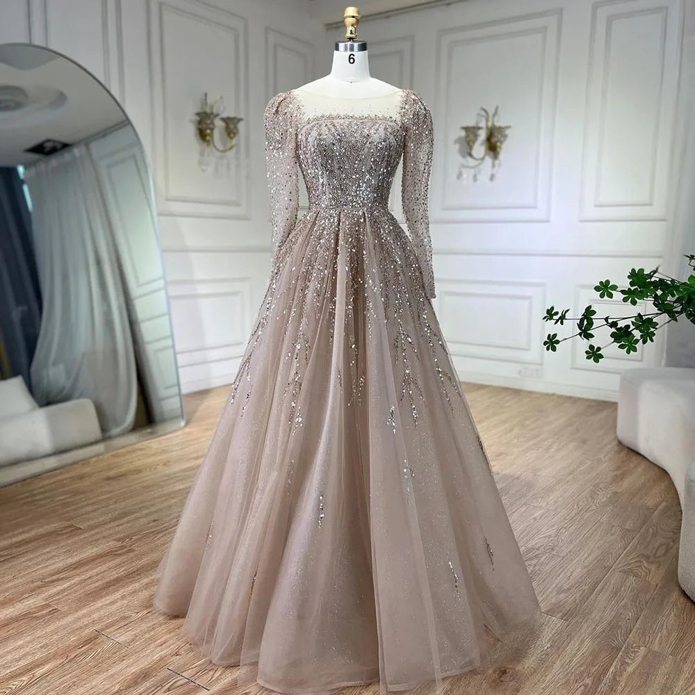 Serene Hill Muslim Pink A Line Beaded Luxury Dubai Long Evening Dresses Gowns 2024  For Woman Wedding Party LA71915