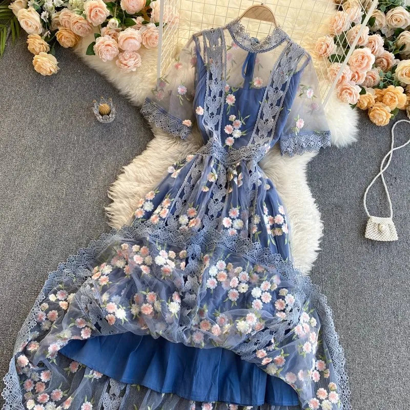 Elegant Mesh Embroidery Dress Women Korean Fashion Summer O Neck Short Sleeve Long Mesh Dress Party Vestidos