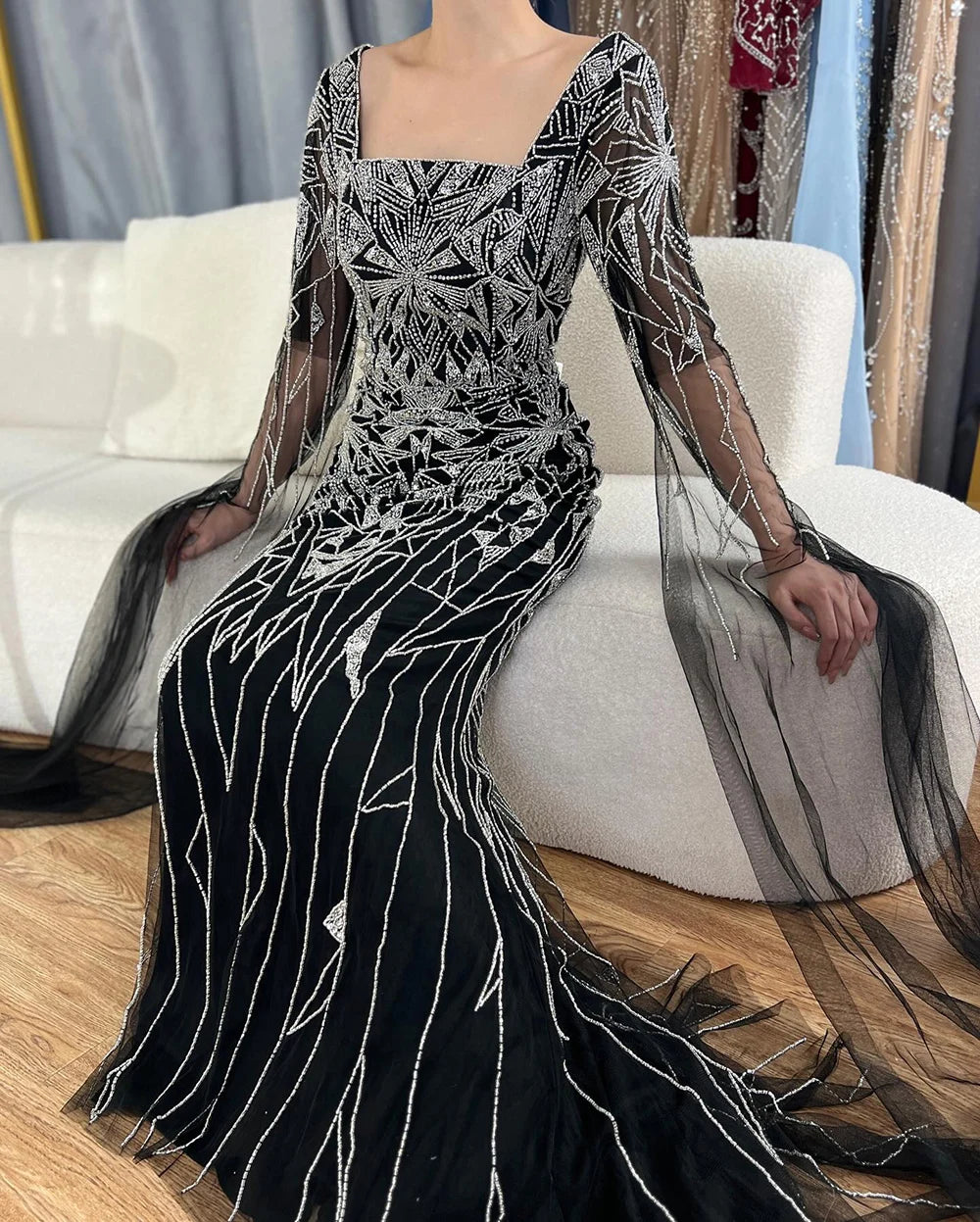 Serene Hill 2024 Arabic Nued Cape Sleeves Mermaid Saudi Evening Dresses Beaded Luxury Party Gowns for Formal Occasion LA72261B