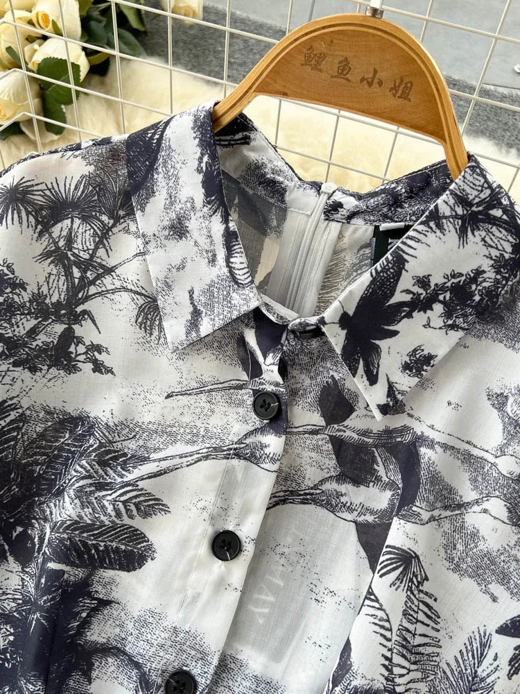 Vintage Tie Dye Print Shirt Dress Women Elegant Summer High Waist Slim A Line Printed Chiffon Long Robe Ladies Casual Long Robe