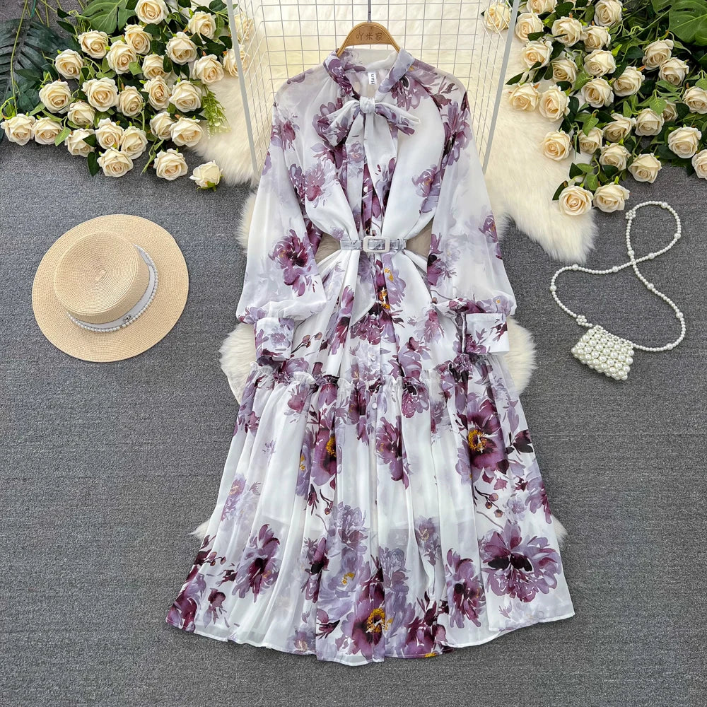 Elegant Casual Women Fashion Floral Print Long Dress Vintage Pleated A-Line Maxi Boho Beach Party Robe Female Clothes Mujers