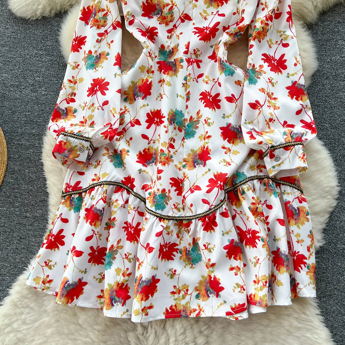Elegant Dresses For Women 2023 New In Contrast Trim Vintage Floral Print Dress V Neck Long Sleeve Ruffle Hem Vacation Mini Dress