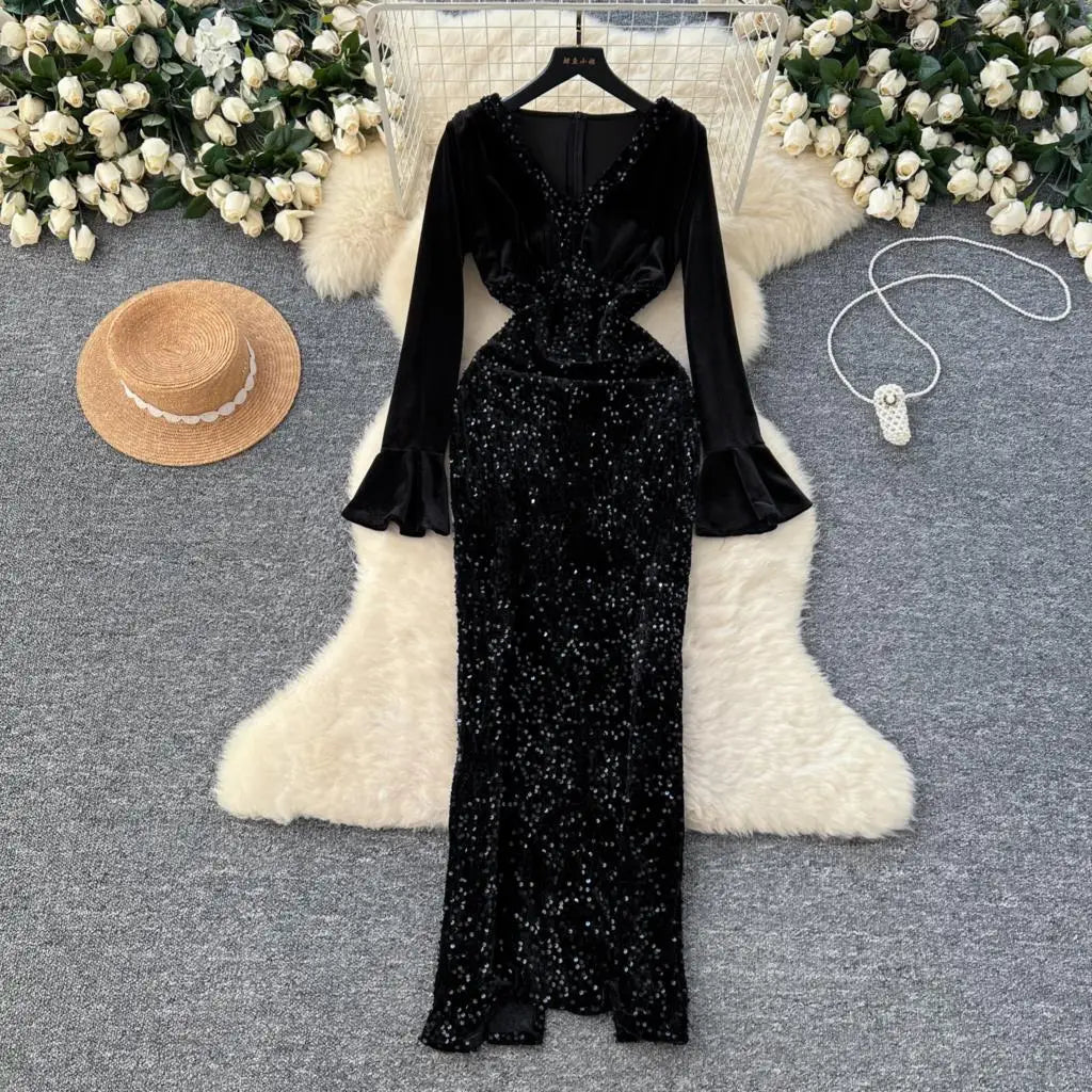 Women's Sexy Velvet Evening Gown Luxury Dresses V-Neck Flare Sleeve Split Long Dress Fashion Slim Robe Birthday Party Autumn New