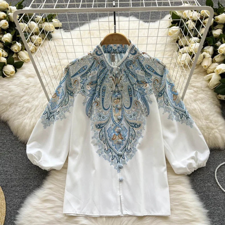 Spring Summer Retro Print Two Piece Set Women Lantern Sleeves Standing Neck Blouse Top+High Waist Wide Leg Shorts Elegant Suits