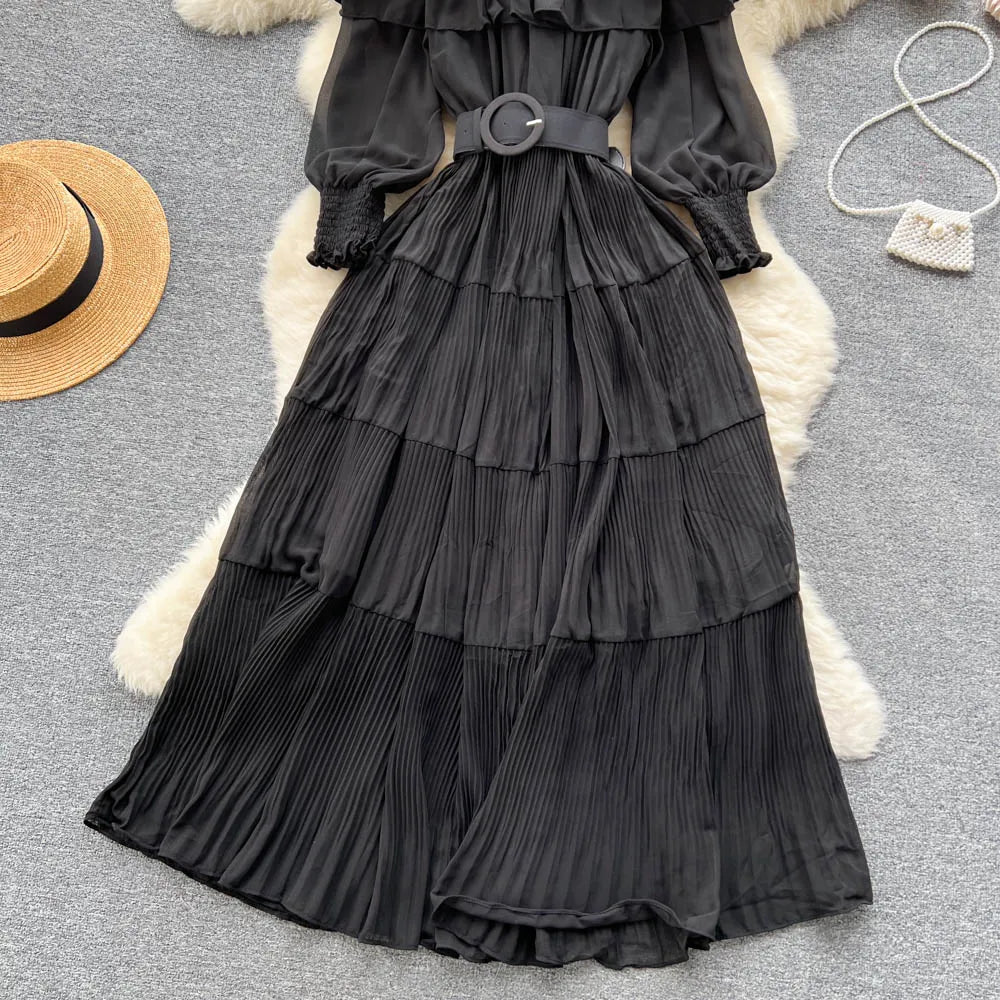 Vintage Pleated Slash Neck Off Shoulder High Waist  Dress Long Sleeve  Dress Chic Summer Beach Vestidos Women Vacation Sundress