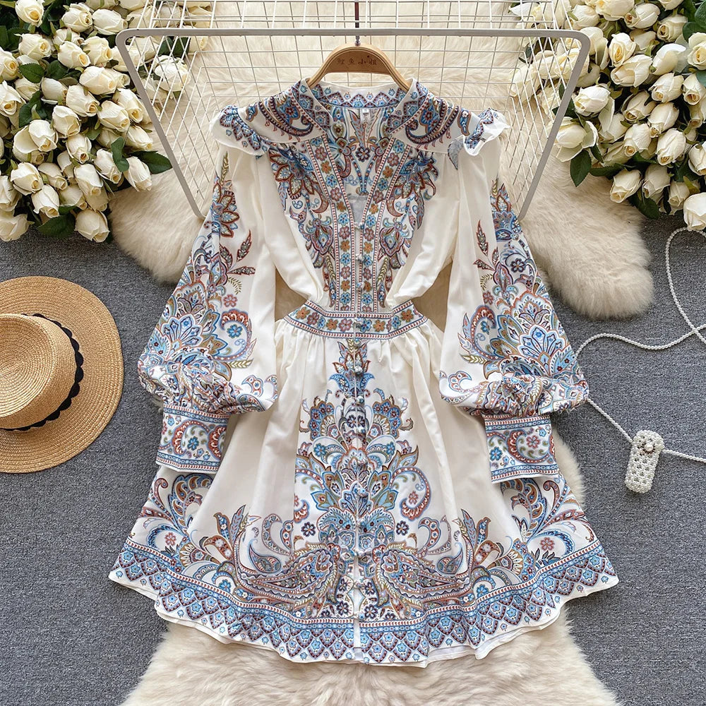 Elegant Dresses For Women 2024 V Neck Vintage Paisley Print Mini Holiday Dress Spring Ruffle Trim Long Sleeve Bohemian Dress