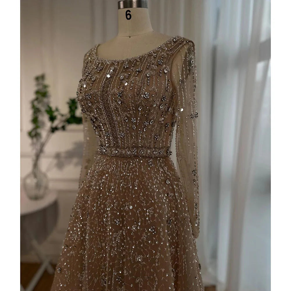 Dubai Arabic Designer Luxury Nude A Line Beaded Evening Dresses Gowns For Women Wedding Party 2023 BLA72088 Serene Hill