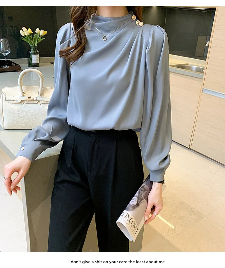 Autumn New Women's Style Stand up Collar Pleated Long Sleeve Top Fashion Lantern Sleeve Loose Elegant Solid Color Shirt Blouse
