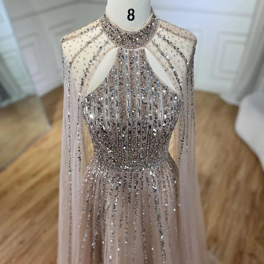 Serene Hill Arabic Turquoise A Line Cape Sleeve Beaded Luxury Dubai Evening Dresses Gowns For Women Wedding Party 2024 BLA72306A
