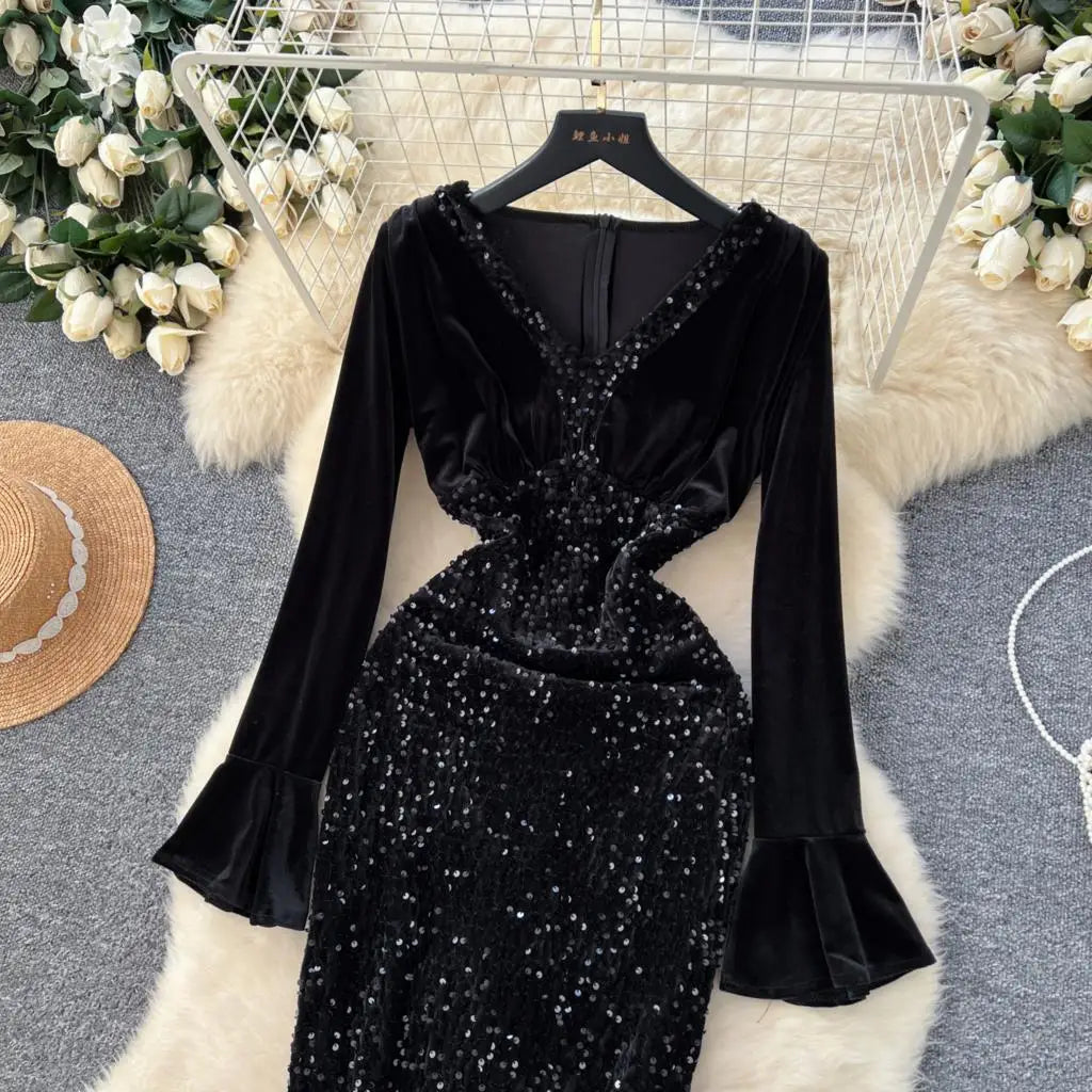 Women's Sexy Velvet Evening Gown Luxury Dresses V-Neck Flare Sleeve Split Long Dress Fashion Slim Robe Birthday Party Autumn New