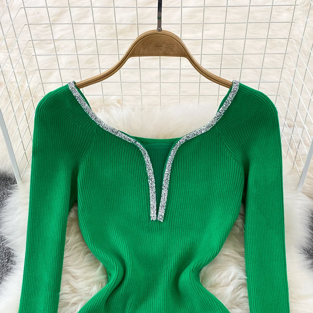 Chic Elegant Glitter V Neck Long Sleeve Elastic Bodycon Dress Sexy Fashion Knit Pencil Vestidos Slim Autumn Winter party robe