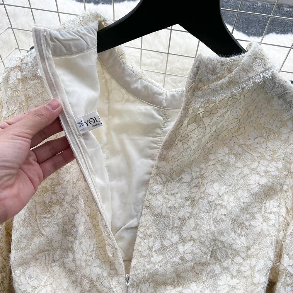 Winter Clothes Women Dresses Long Sleeve Lace Patchwork Textured Tweed Dress Ruffled Trim Lapel Collar Bow Elegant Mini Dress
