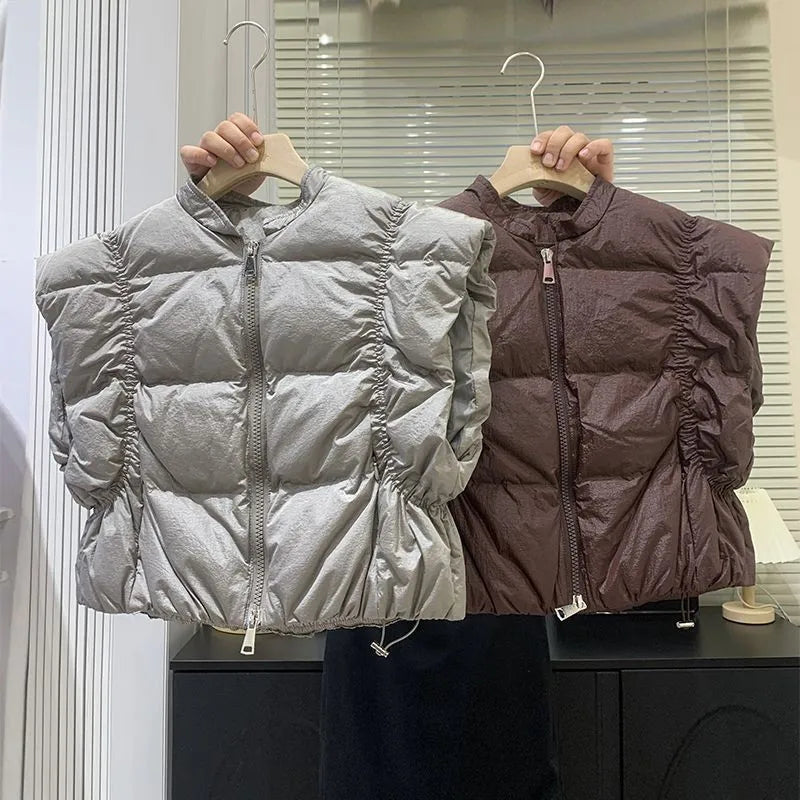 Women's Trendy Down Jacket Vest Winter Chic Sleeveless Zip Coat Round Neck Cropped Warm Waistcoat Female Spring 2024 New