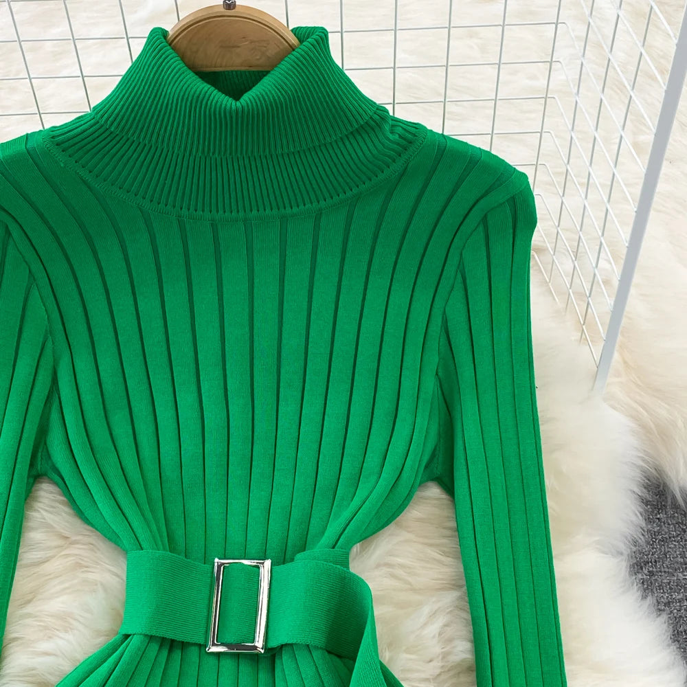 Chic Elegant Turtleneck Long Sleeve Bodycon Dress with Belt Sexy Fashion Knit Vestido Slim Autumn Winter Pencil Sweater Robe