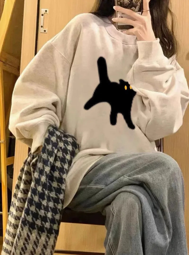 2024 Spring Autumn Unisex Cartoon Cat Printed Pullover Round Neck Long Sleeved baggey Pullovers Casual Cute Couple Street Top