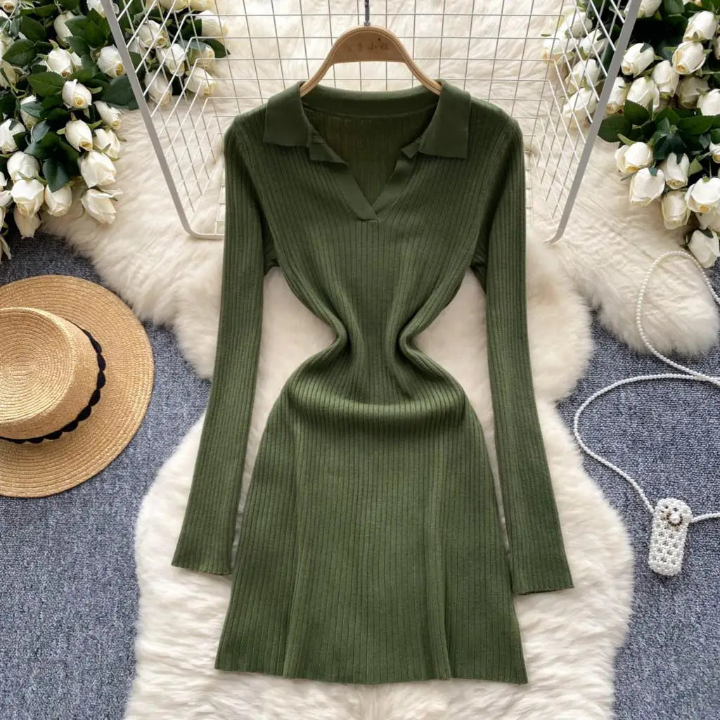 Y2k French Vintage Knitted Dress for Women Autumn Bodycon V-neck Long Sleeved Solid Simplicity Fashion Causal A-line Dresses