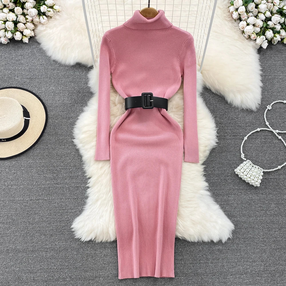 Elegant Turtleneck Long Sleeve Knit Soft Tight Pencil Dress with Belt Slim Fashion Warm Sweater Vestido Sexy Women Winter Robe