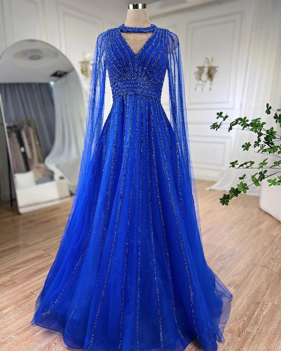 SERENE HILL 2024 Arabic Caramel A-Line Cape Sleeves Beaded Evening Dresses Luxury Gowns For Women Wedding Party GLA72171
