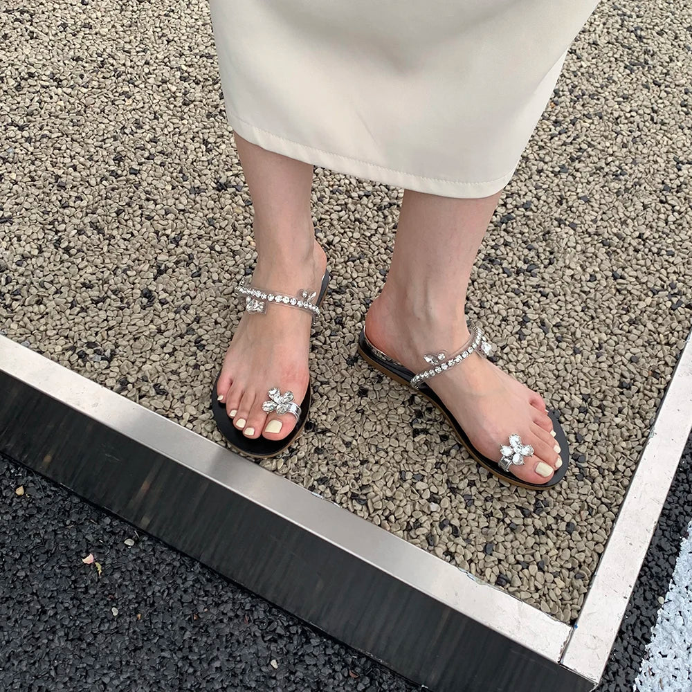 Clip Toe Women Sandals Slippers Black Brown Silver Summer Outside Mules Shoes Rhinestone Chain Low Heels Party Pumps Size 35-39