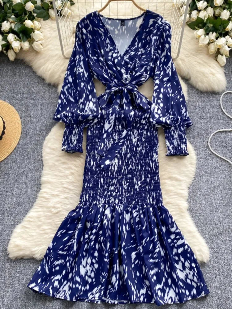 Women Casual Vintage Print Ruffle Long Dress Autumn Elegant V Neck Lantern Sleeve Party Mermaid Dresses Holiday Female Mujer New