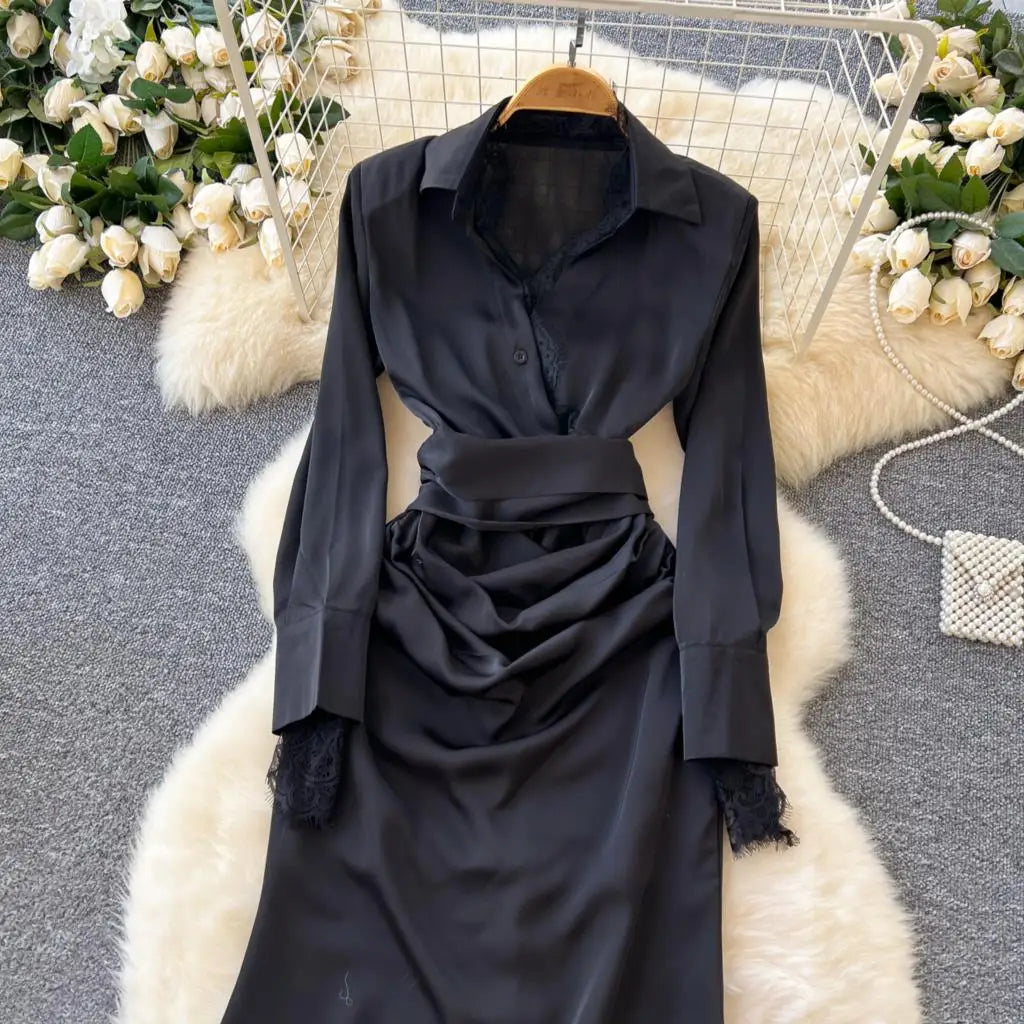 Elegant Solid Satin Midi Dress for Women Autumn Long Sleeve Lace Patchwork Office Work Shirt Dresses Lace-up Slim Waist Vestidos