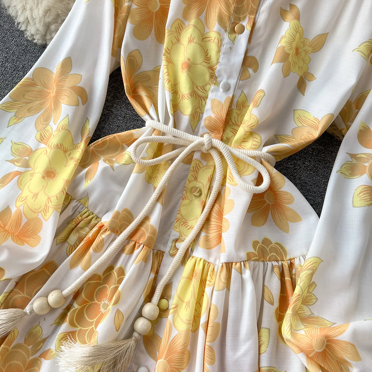 Spring Summer Holiday Dresses For Women 2023 Elegant Vintage Flower Print Dress Ruffle Trim Long Sleeve Mini Dress With Belt