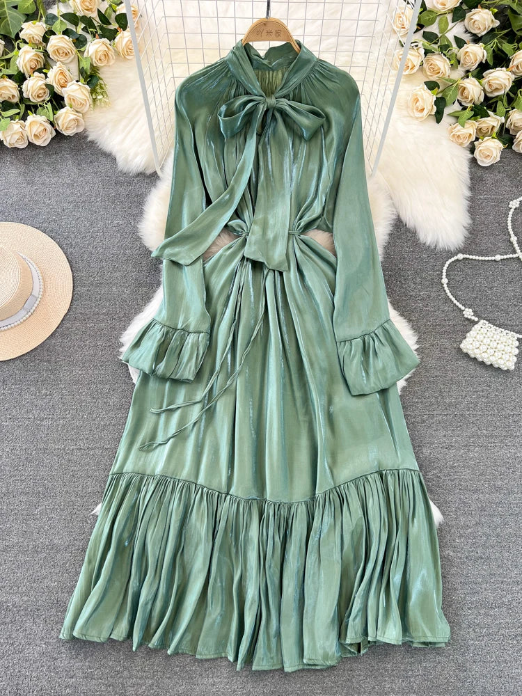Elegant and Chic Solid Evening Dresses for Women Fashion New Bow Lace Up Flare Long Sleeve A-Line Vestidos Autumn Female Clothes